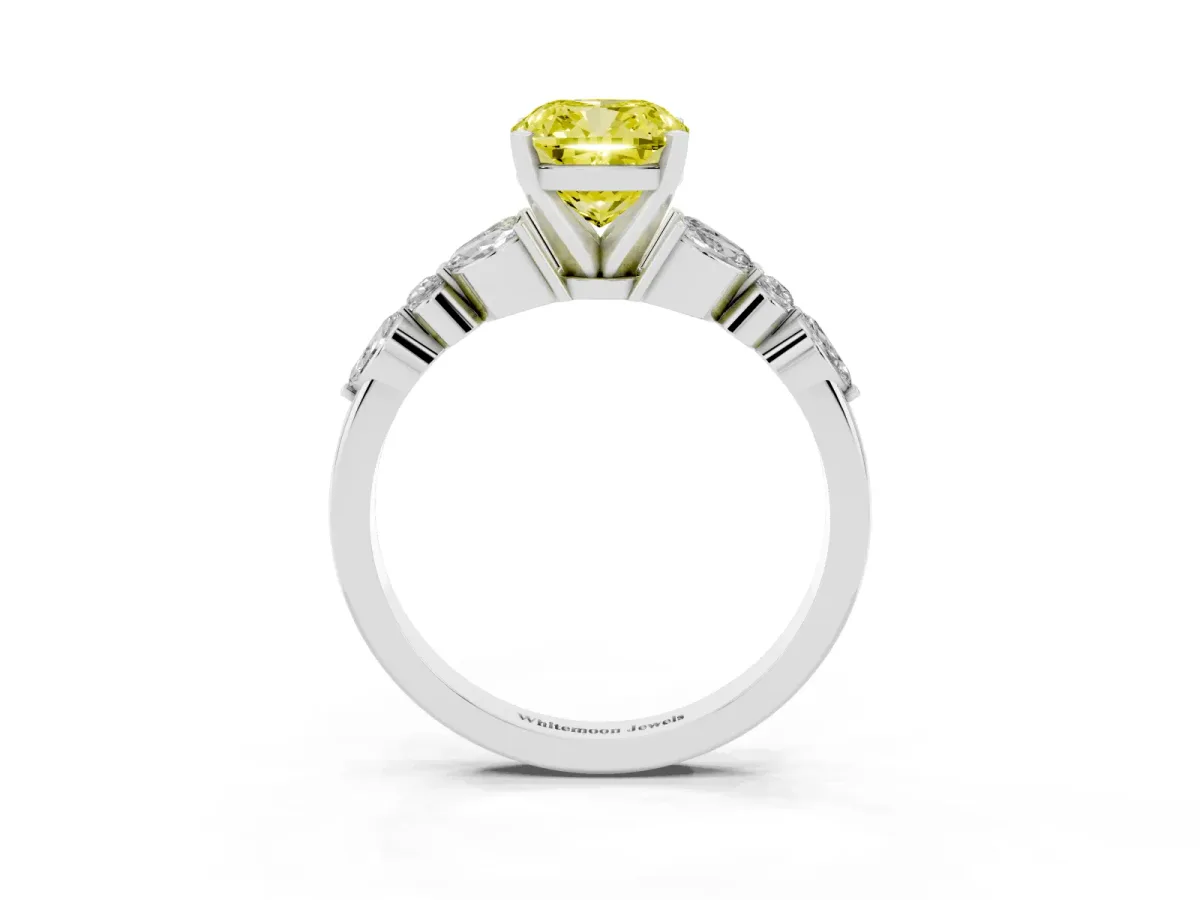 Fancy Yellow Cushion Cut Diamond Solitaire Ring with Side Stones and Four-Prong Setting Silver