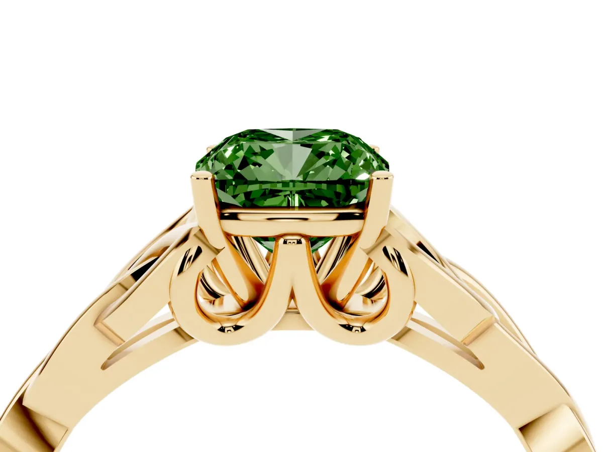 Fancy Green Cushion Cut Diamond Solitaire Engagement Ring with Celtic Knot Band and Four-Prong Setting Yellow gold