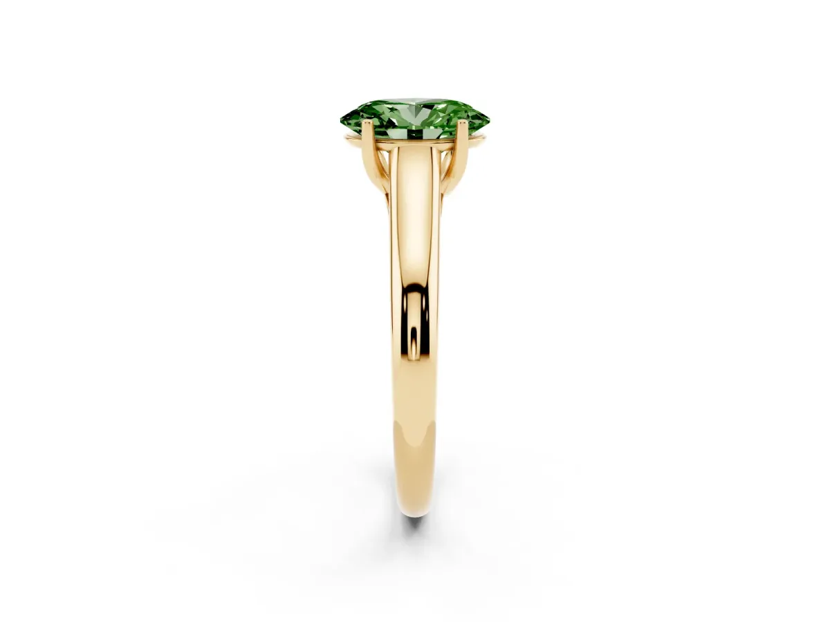Fancy Green Oval Cut Solitaire Engagement Ring with Tapered Band and Four-Prong Setting Yellow gold
