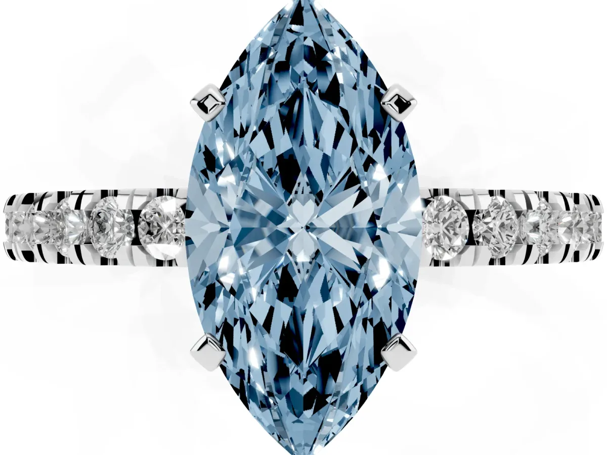 Fancy Blue Marquise Cut Solitaire Diamond with Pavé Band and Four-Prong Setting Platinum