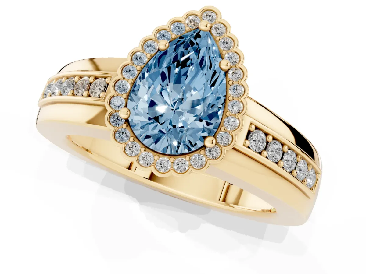 Fancy Blue Pear Cut Cut Halo Pave Band Four-Prong Ring Yellow gold