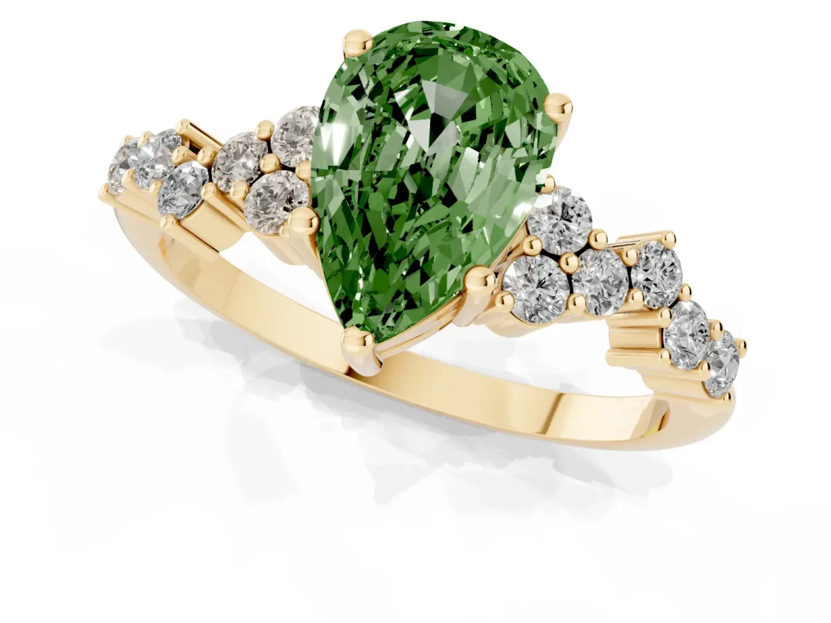 Fancy Green Pear Cut Diamond Scattered Round Accent Ring with Prong Setting Yellow gold