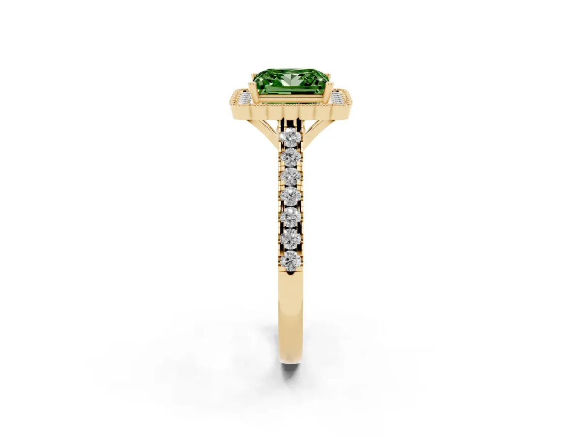 Fancy Green Princess Cut Cut Diamond Milgrain Floral Halo Engagement Ring with Pavé Band Yellow gold