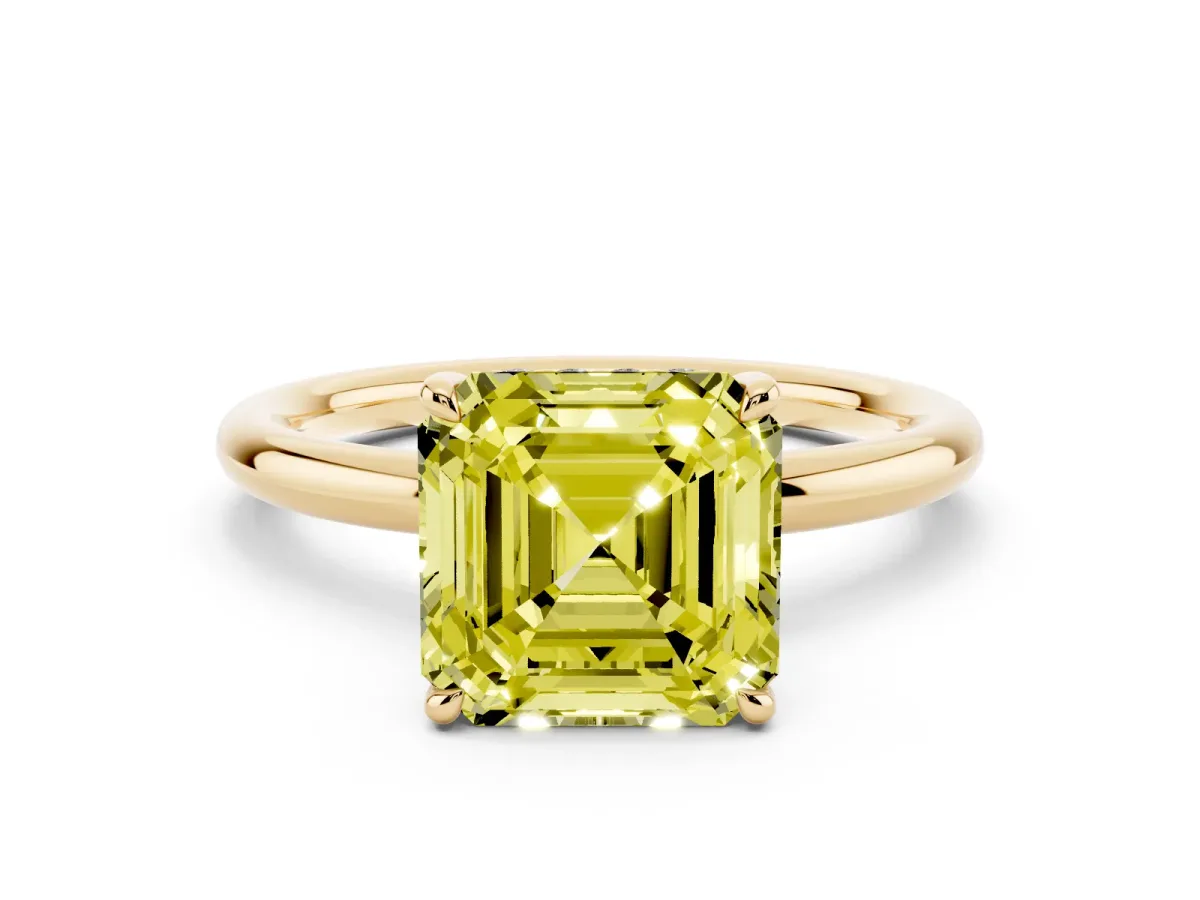 Fancy Yellow Asscher Cut Diamond Solitaire Ring with Thin Band and Four-Prong Setting Yellow gold