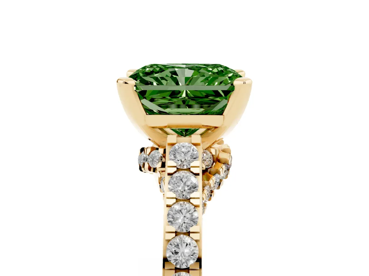 Fancy Green Radiant Cut Diamond Solitaire Ring with Crossover Gallery and Round Pavé Band Yellow gold