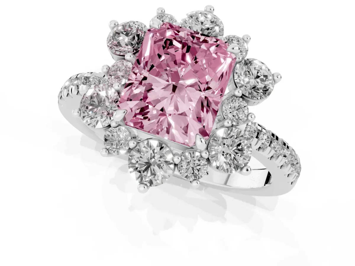 Fancy Pink Radiant Cut Diamond Floral Halo Ring with Round Pavé Band and Prong Setting Silver