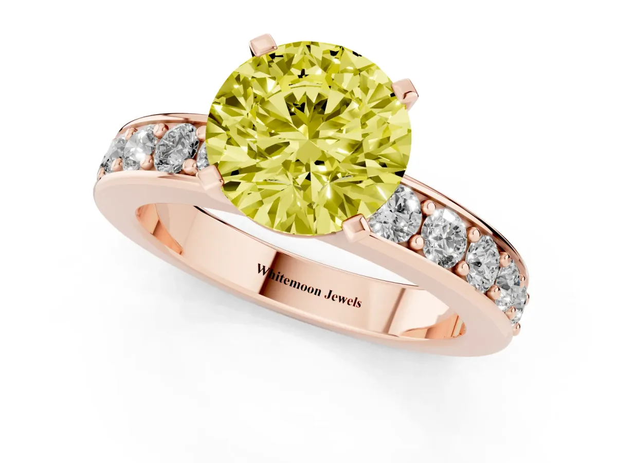 Fancy Yellow Round Cut Diamond Engagement Ring with Channel Set Round Band and Prong Setting Rose gold