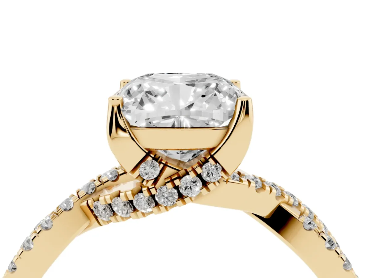 Cushion Cut Solitaire Twist Pave Diamond Engagement Ring with Prong Setting Yellow gold