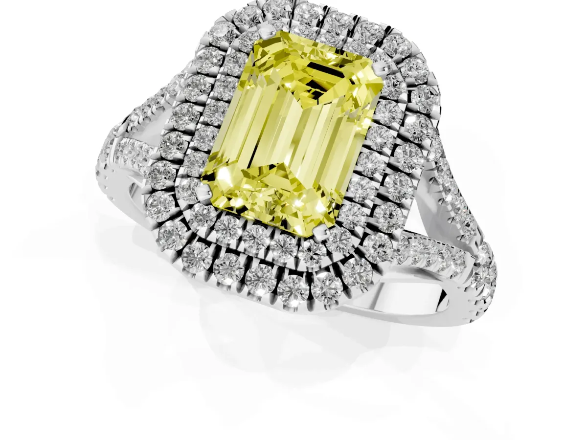 Fancy Yellow Emerald Cut Diamond Pavé Split Shank Double Halo Engagement Ring Platinum