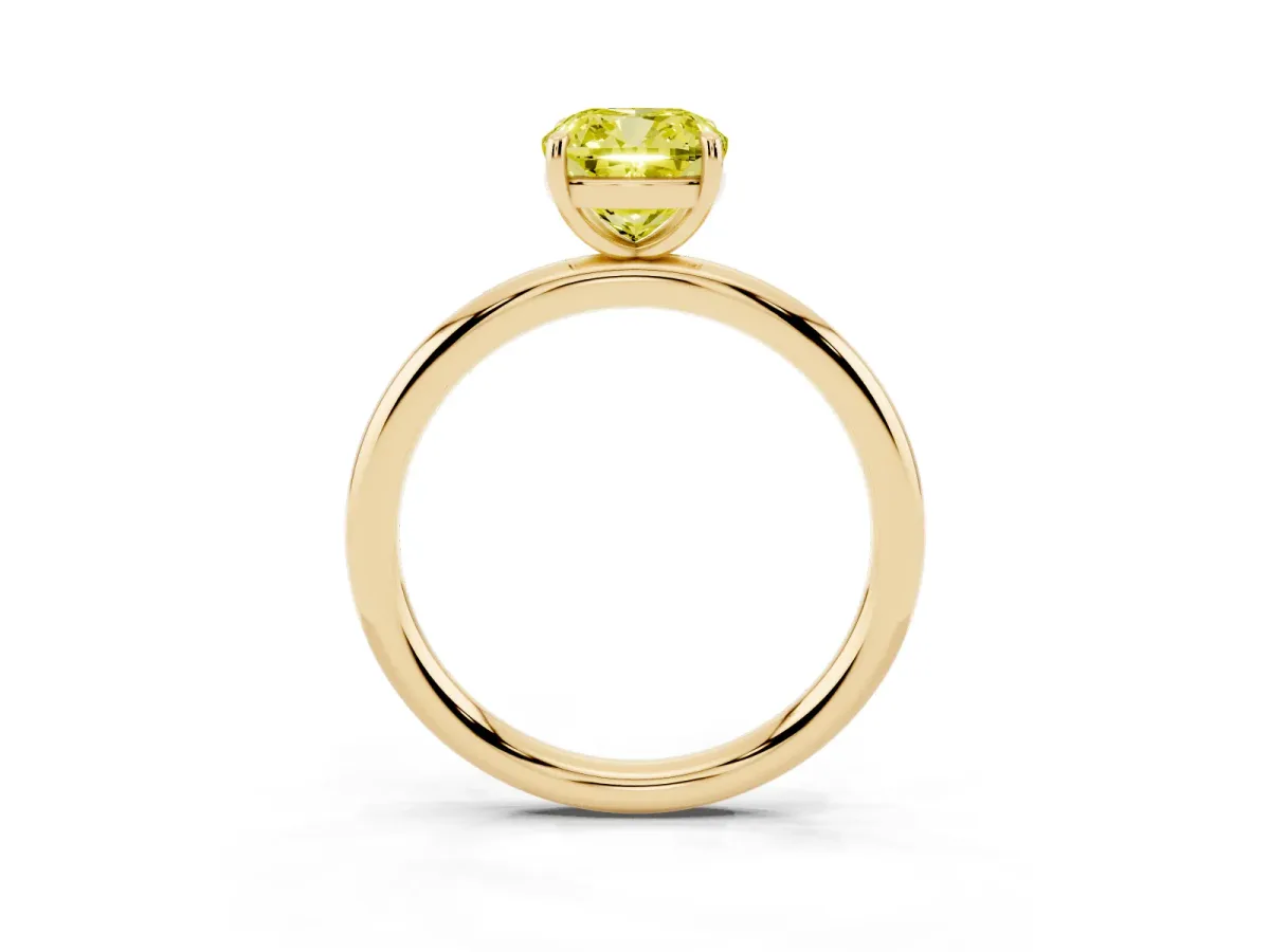 Fancy Yellow Cushion Cut Solitaire Diamond Ring with Four-Prong Setting on a Plain Band Yellow gold