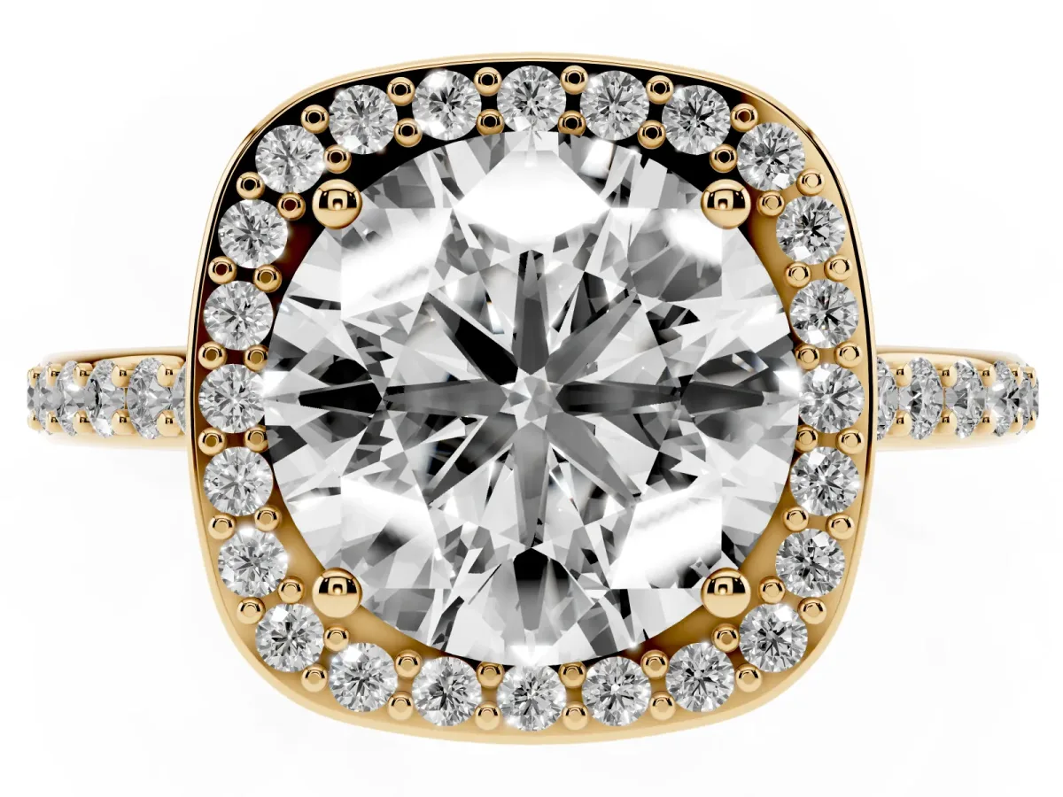 Round Cut Diamond Halo Engagement Ring with Round Pavé Shoulders and Prong Setting Yellow gold