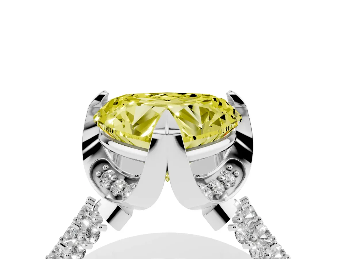 Fancy Yellow Heart Cut Solitaire Pave Split Shank Ring with Four-Prong Setting Silver