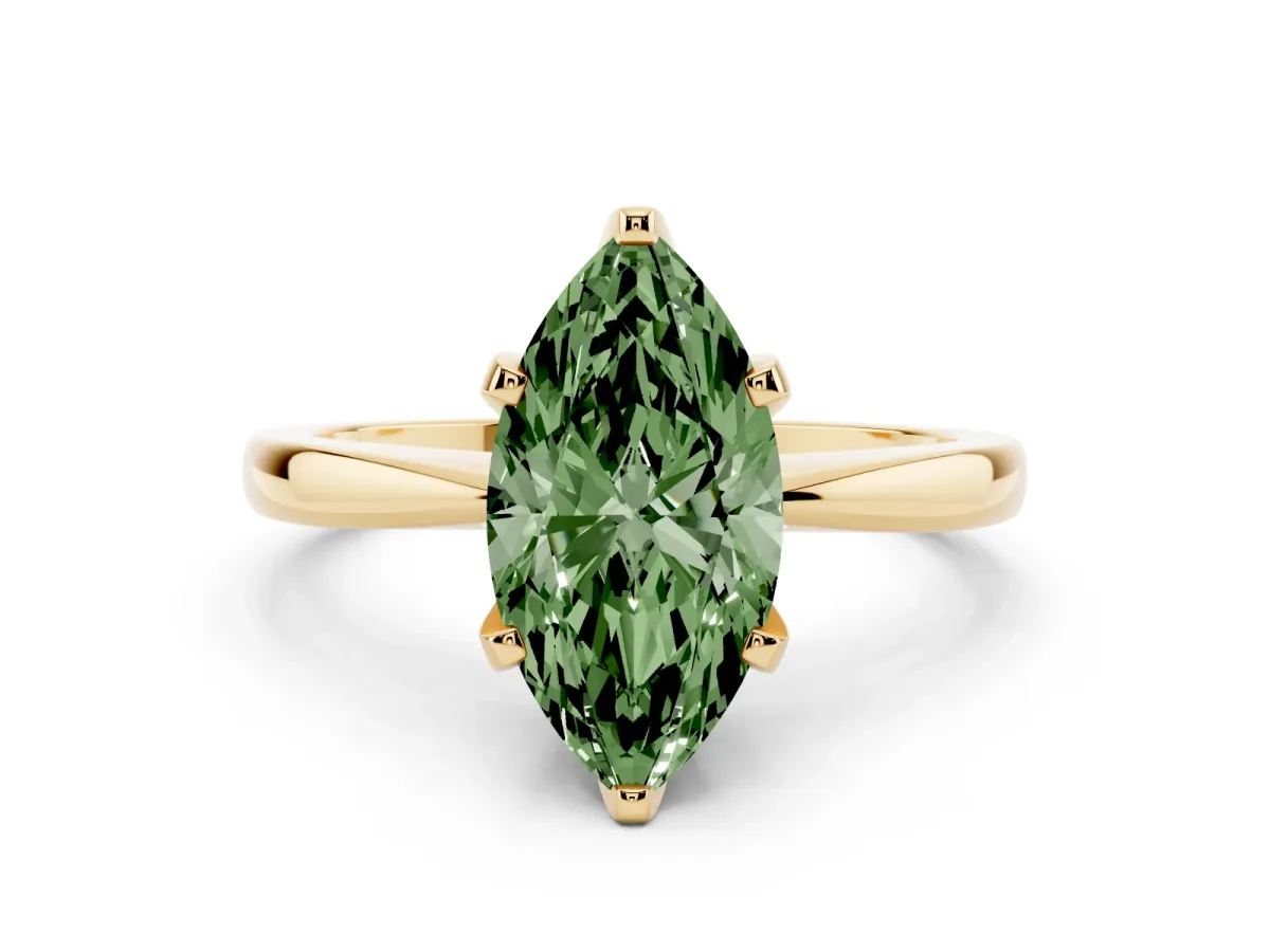 Fancy Green Marquise Cut Solitaire Engagement Ring with Six-Prong Setting and Tapered Band Yellow gold