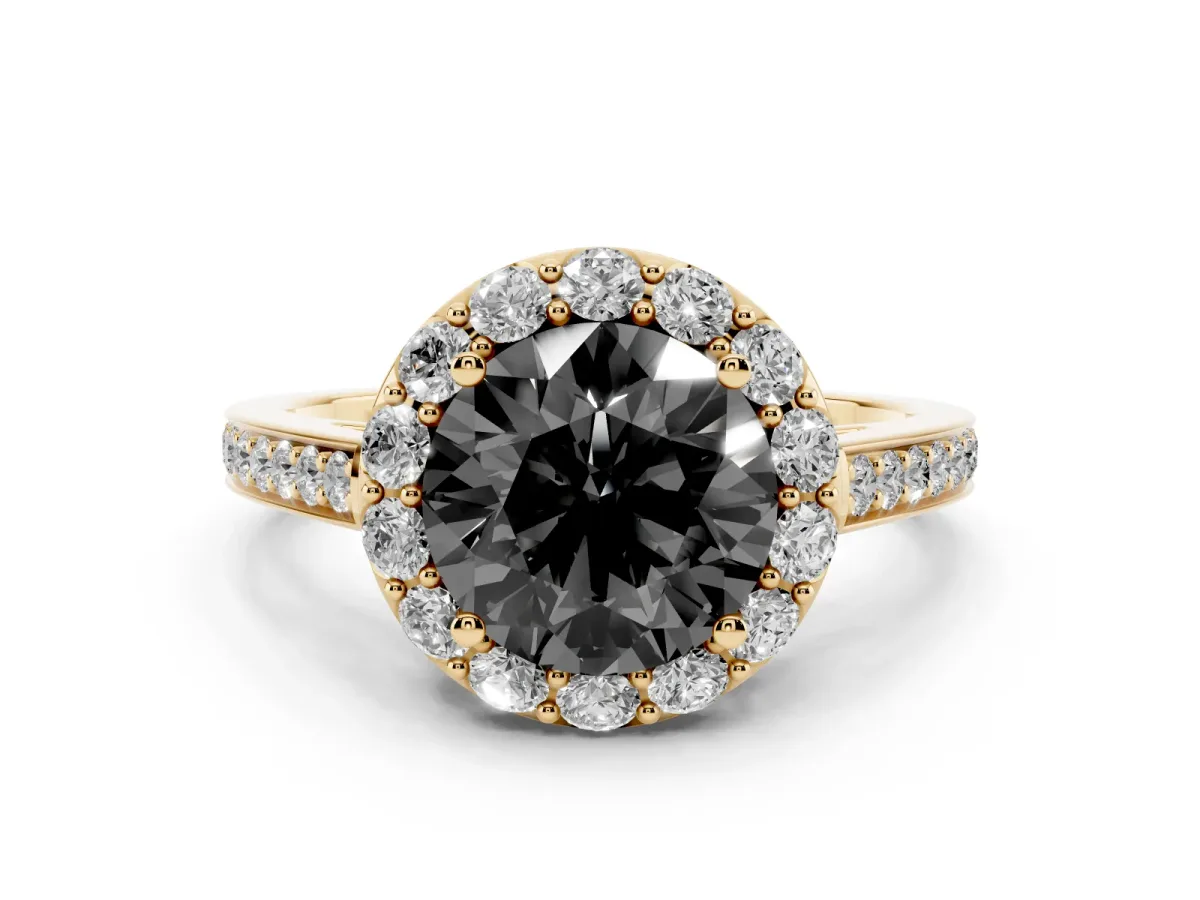 Fancy Black Round Cut Diamond Floral Halo Ring with Pavé Band and Prong Setting Yellow gold