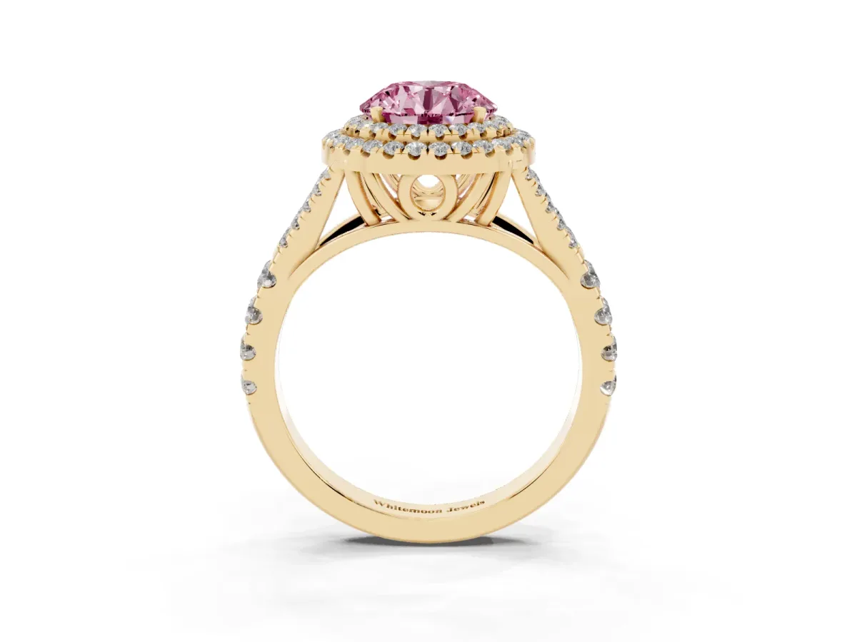 Fancy Pink Round Cut Cut Double Halo Split Shank Diamond Ring with Prong Setting Yellow gold