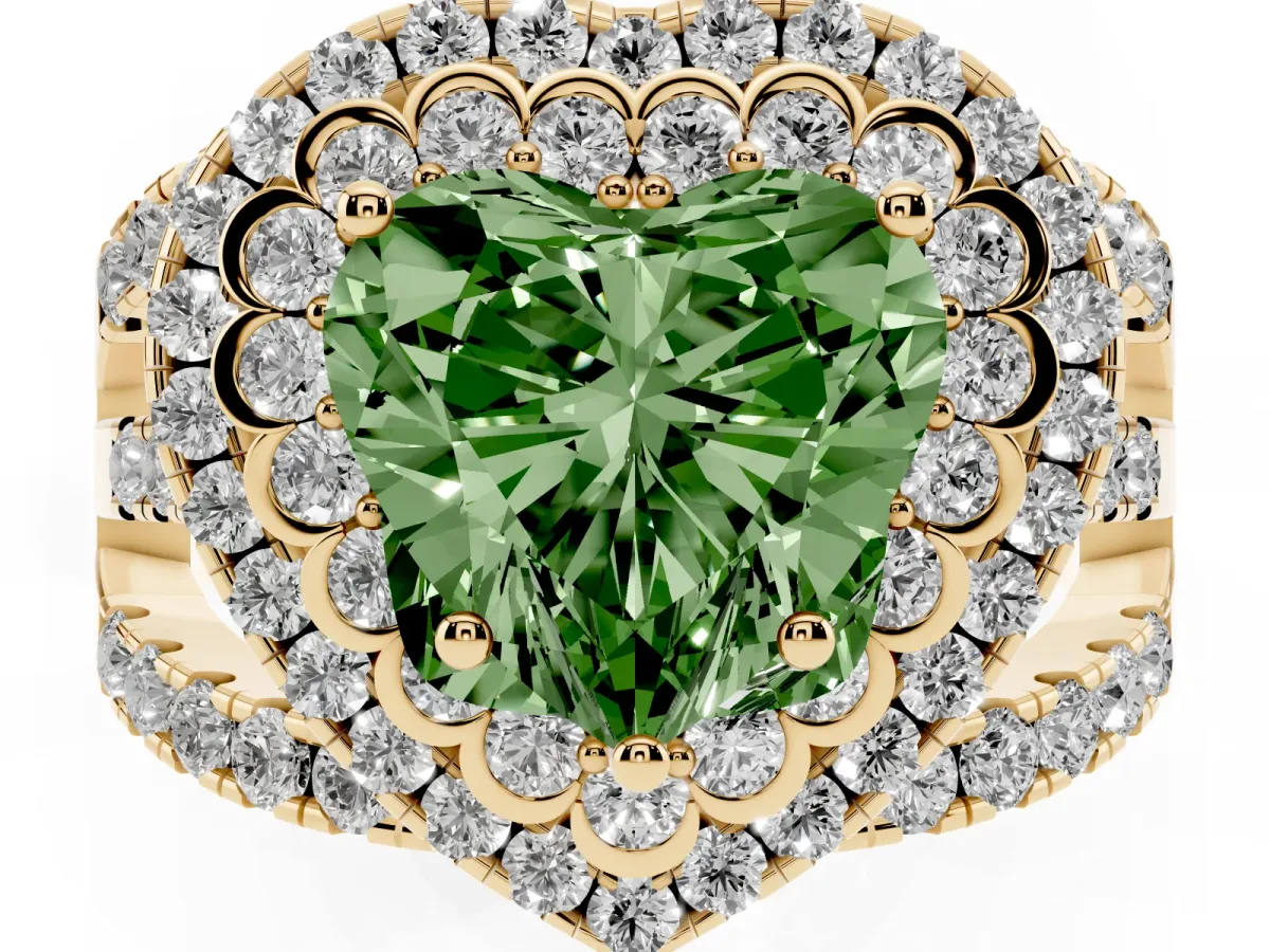 Fancy Green Heart Cut Diamond Double Halo Ring with Round Pavé Split Shank and Prong Setting Yellow gold