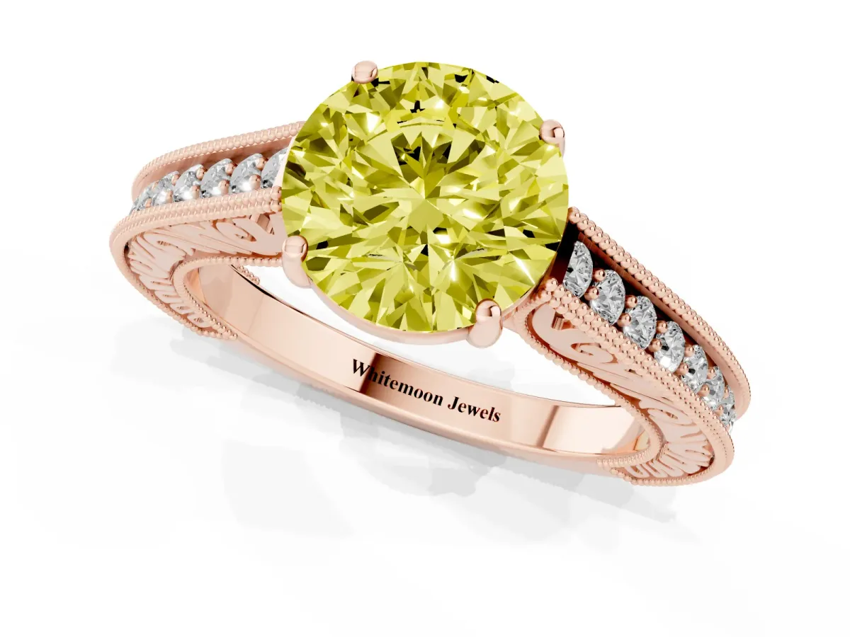 Fancy Yellow Round Cut Cut Pave Band Milgrain Solitaire Ring Rose gold