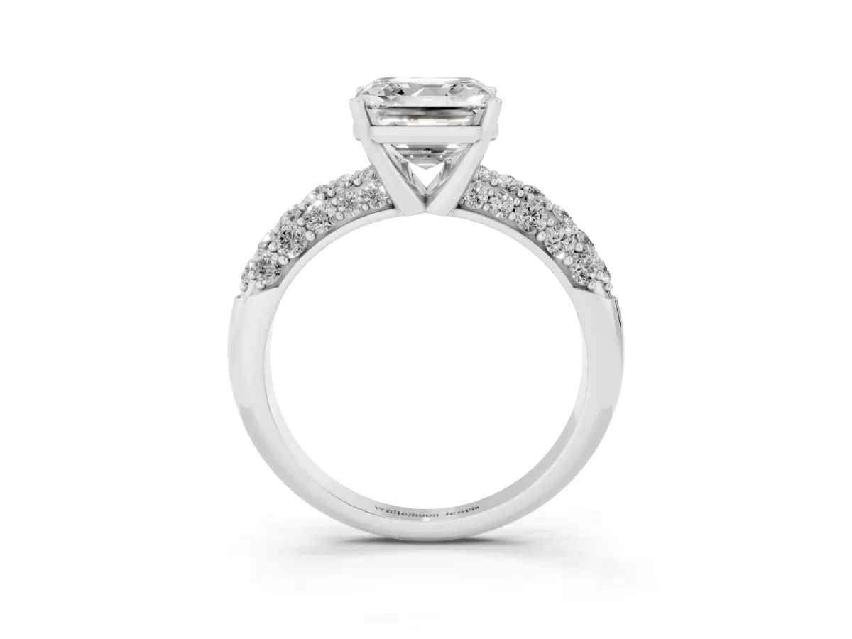Asscher Cut Diamond Pavé Band Solitaire Ring with Four-Prong Setting Silver