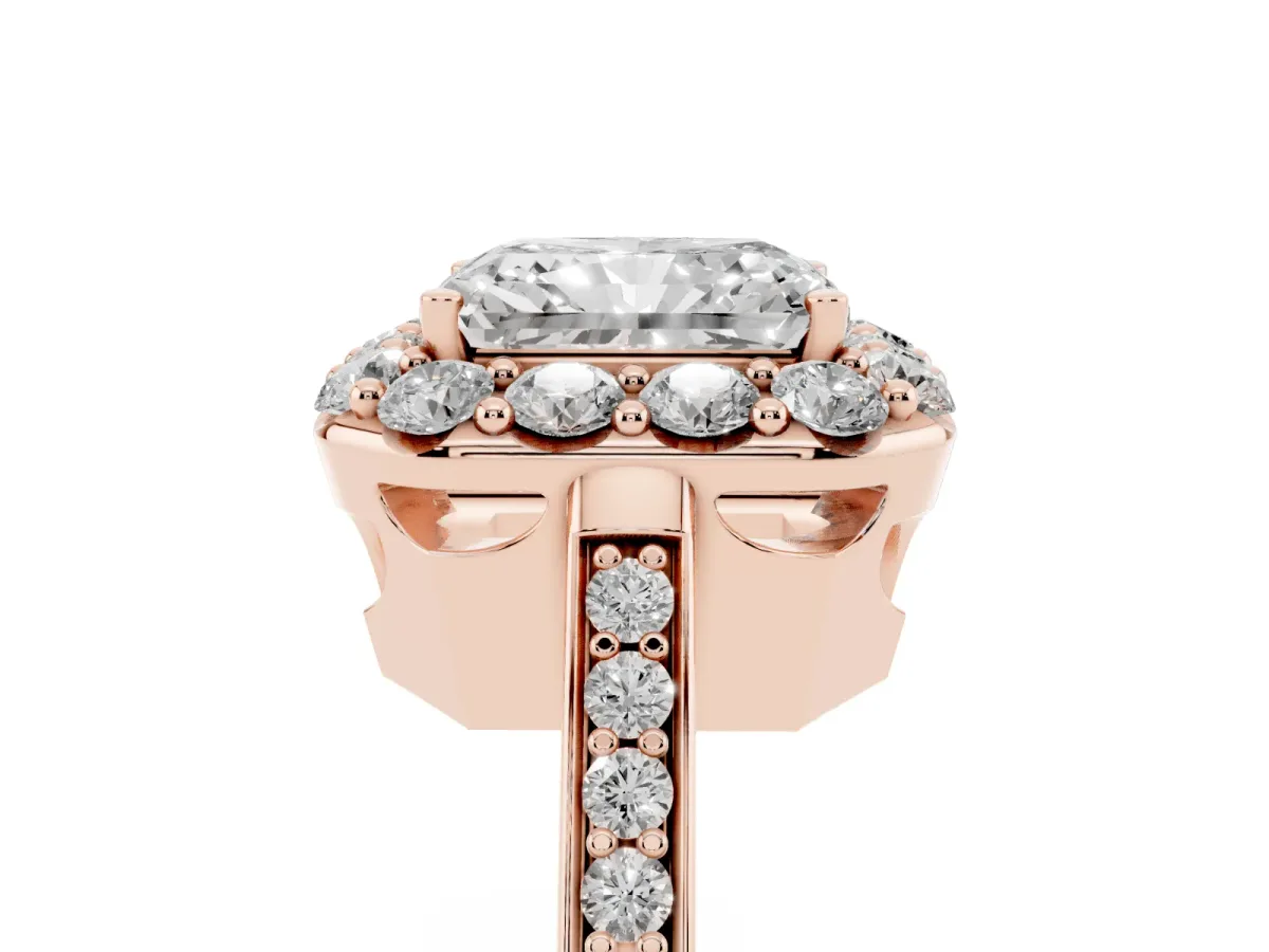 Radiant Cut Diamond Floral Halo Ring with Pavé Band and Prong Setting Rose gold