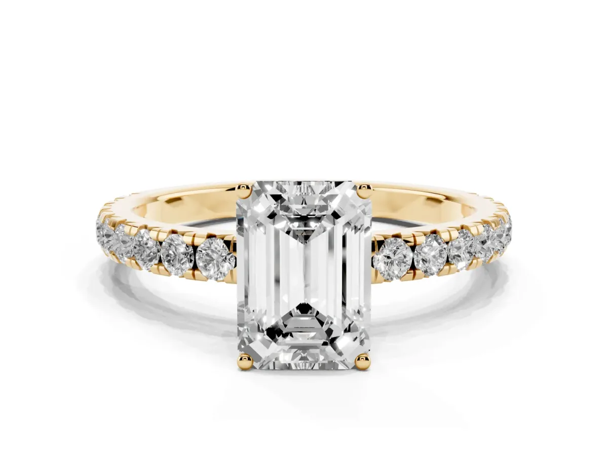 Emerald Cut Diamond Pavé Solitaire Engagement Ring with Four-Prong Setting Yellow gold