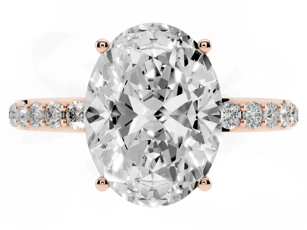 Oval Cut Diamond Solitaire Ring with Pavé Band and Hidden Halo Rose gold
