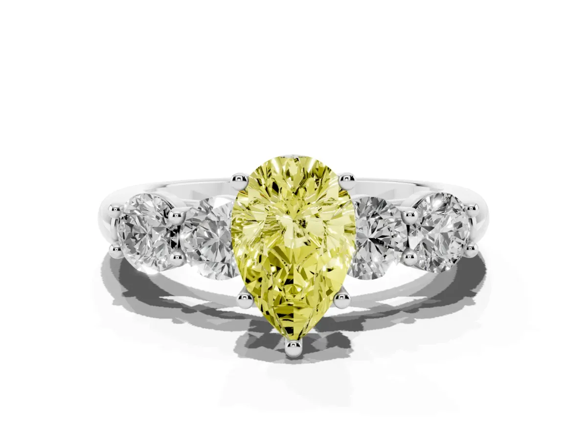 Fancy Yellow Pear Cut Cut Five-Stone Prong Set Diamond Ring with Classic Band Silver