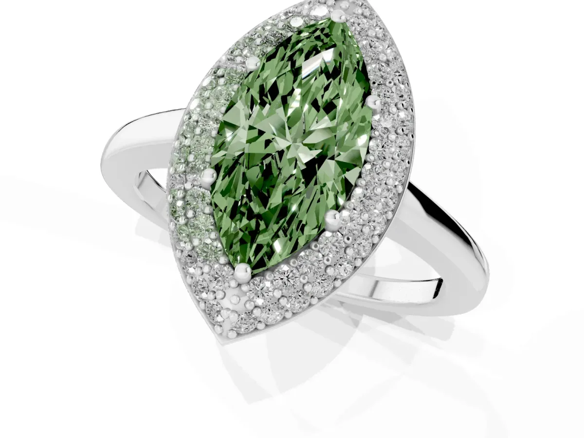 Fancy Green Marquise Cut Halo Diamond Engagement Ring with Solitaire Band and Four-Prong Setting Silver