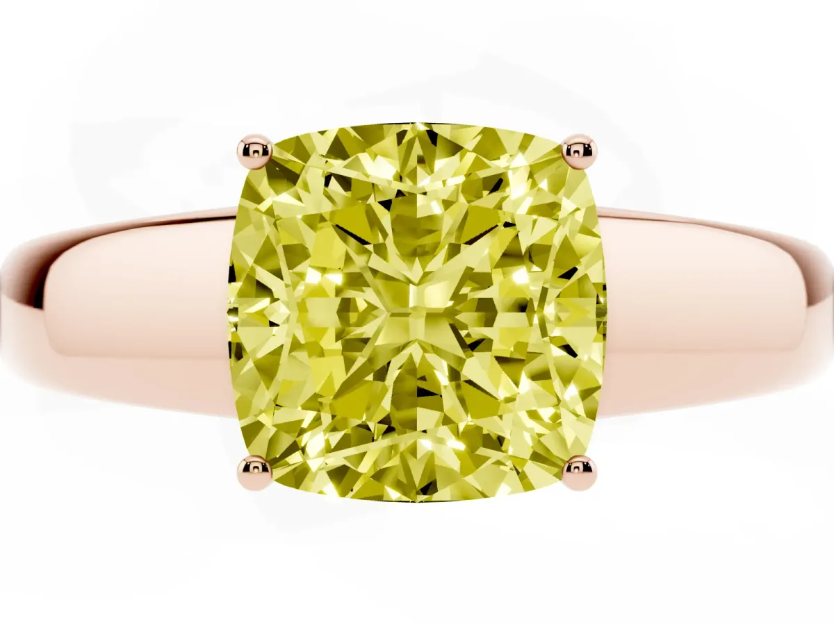 Fancy Yellow Cushion Cut Solitaire Diamond Ring with Tapered Band and Four-Prong Setting Rose gold