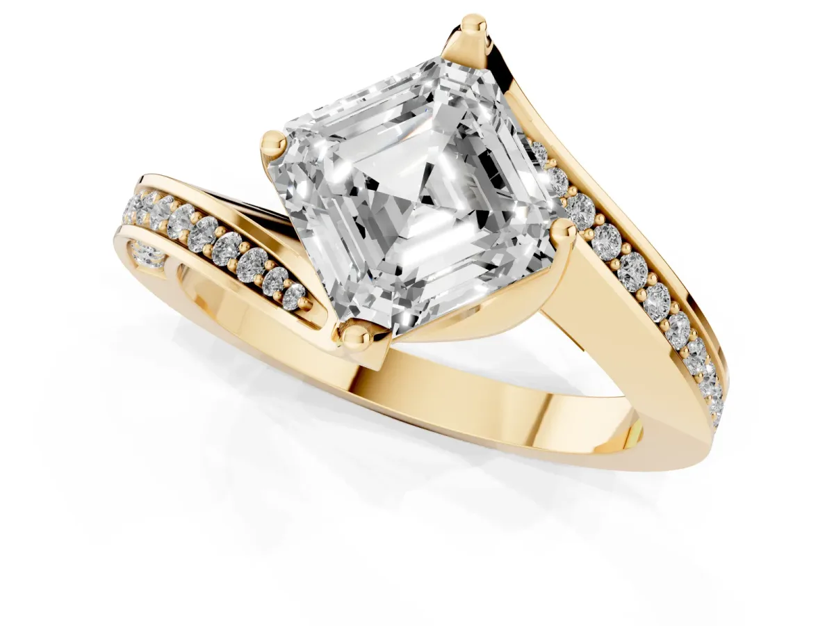 Asscher Cut Solitaire Diamond Twist Band with Pavé Setting and Four-Prong Setting Yellow gold