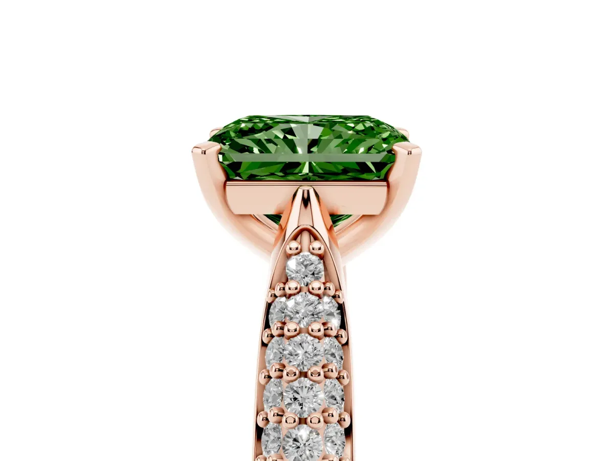 Fancy Green Radiant Cut Diamond Solitaire Engagement Ring with Multi-Row Round Pavé Band and Prong Setting Rose gold