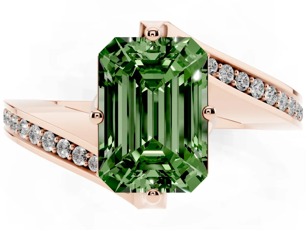 Fancy Green Emerald Cut Solitaire Diamond Twist Band with Pavé Setting and Four-Prong Setting Rose gold