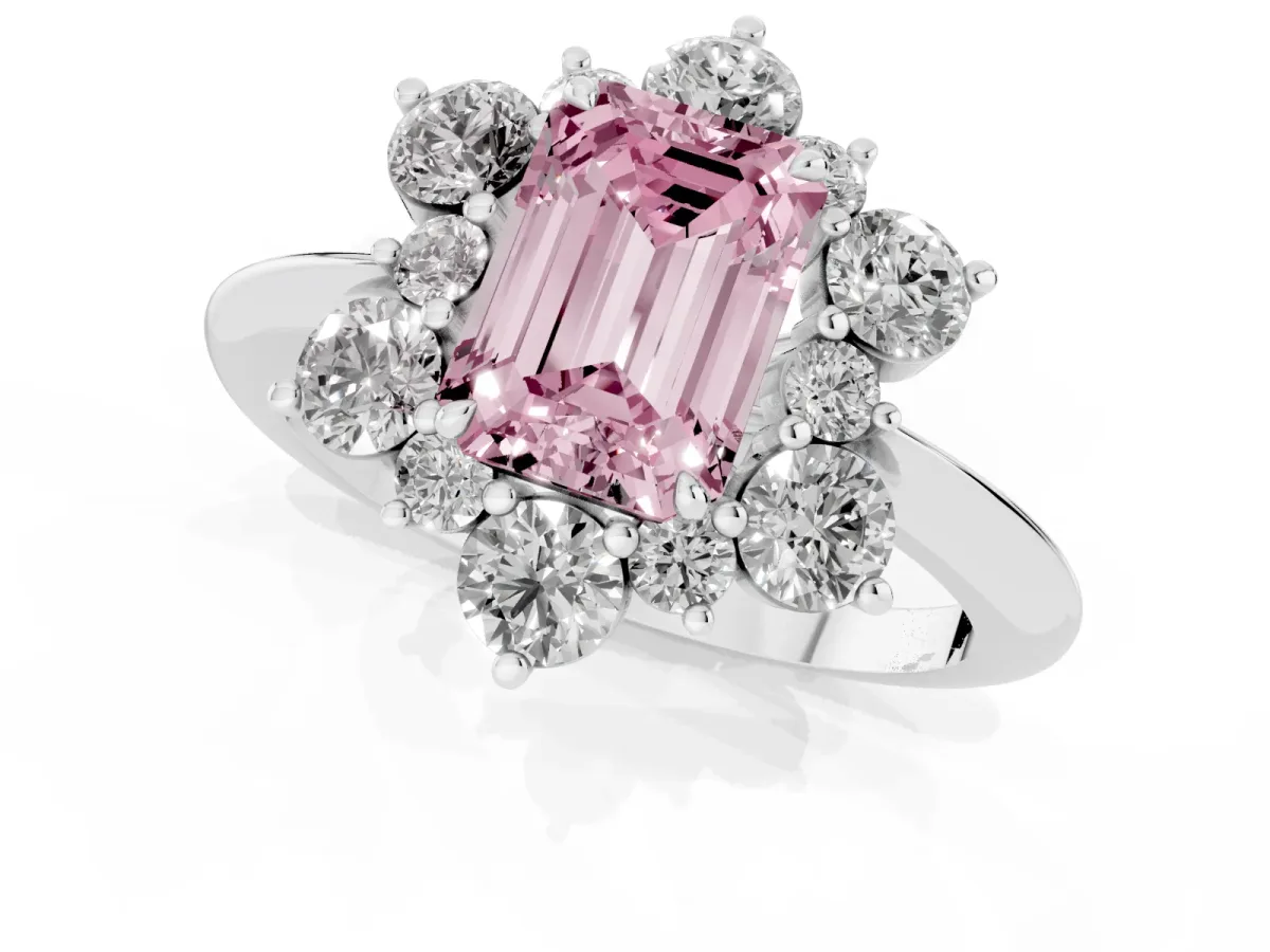 Fancy Pink Emerald Cut Diamond Cluster Halo Ring with Solitaire Band and Four-Prong Setting White gold