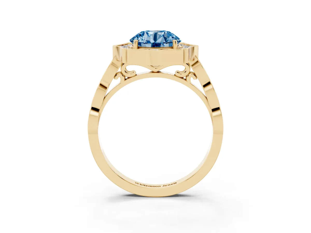 Fancy Blue Round Cut Halo Diamond Engagement Ring with Milgrain Band and Four-Prong Setting Yellow gold