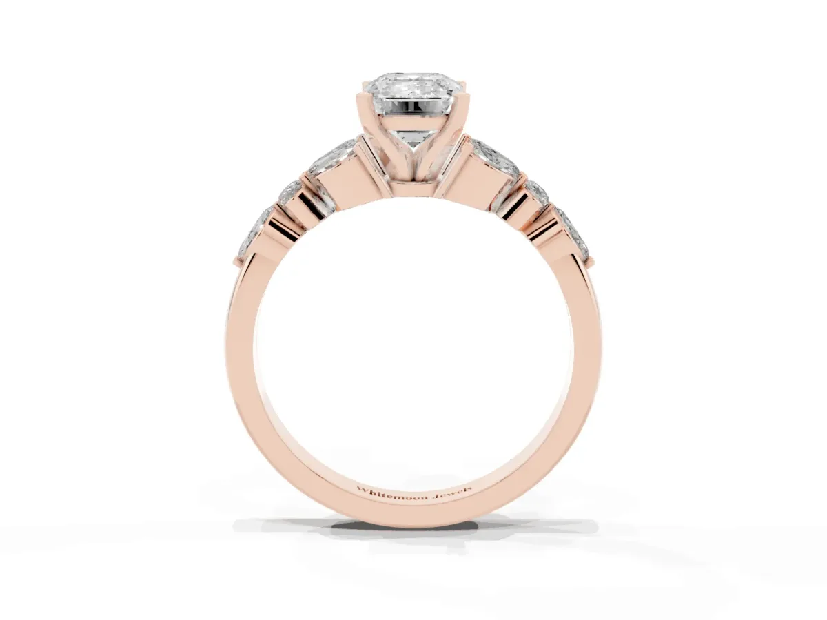 Emerald Cut Diamond Solitaire Ring with Side Stones and Four-Prong Setting Rose gold