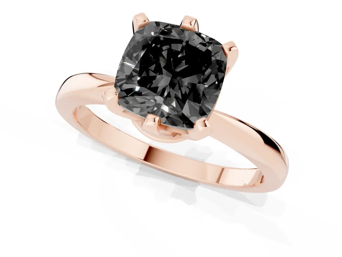 Fancy Black Cushion Cut Solitaire Engagement Ring with Six-Prong Setting and Tapered Band Rose gold