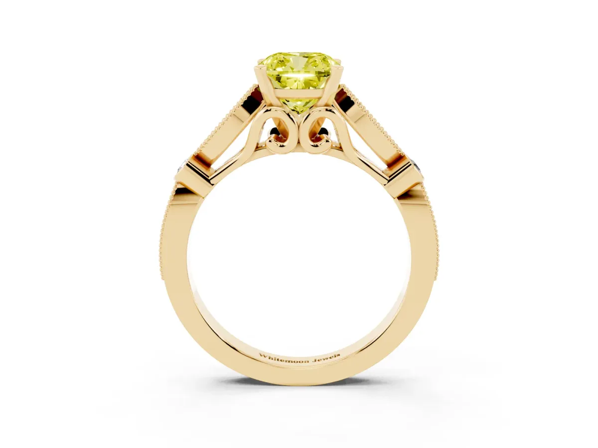 Fancy Yellow Cushion Cut Cut Diamond with Milgrain Marquise and Bezel Accents on a Solitaire Band with Prong Setting Yellow gold