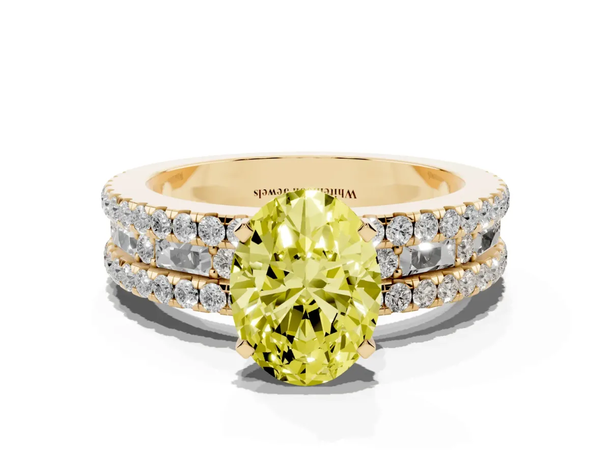 Fancy Yellow Oval Cut Diamond Solitaire Ring with Pavé and Channel Set Band Yellow gold