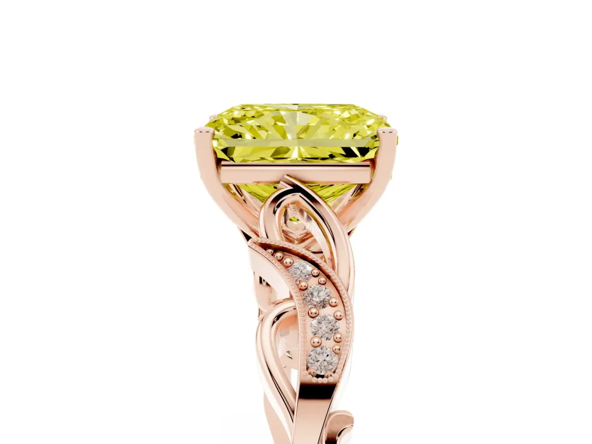 Fancy Yellow Radiant Cut Solitaire Vine Band with Milgrain Prong Setting Rose gold