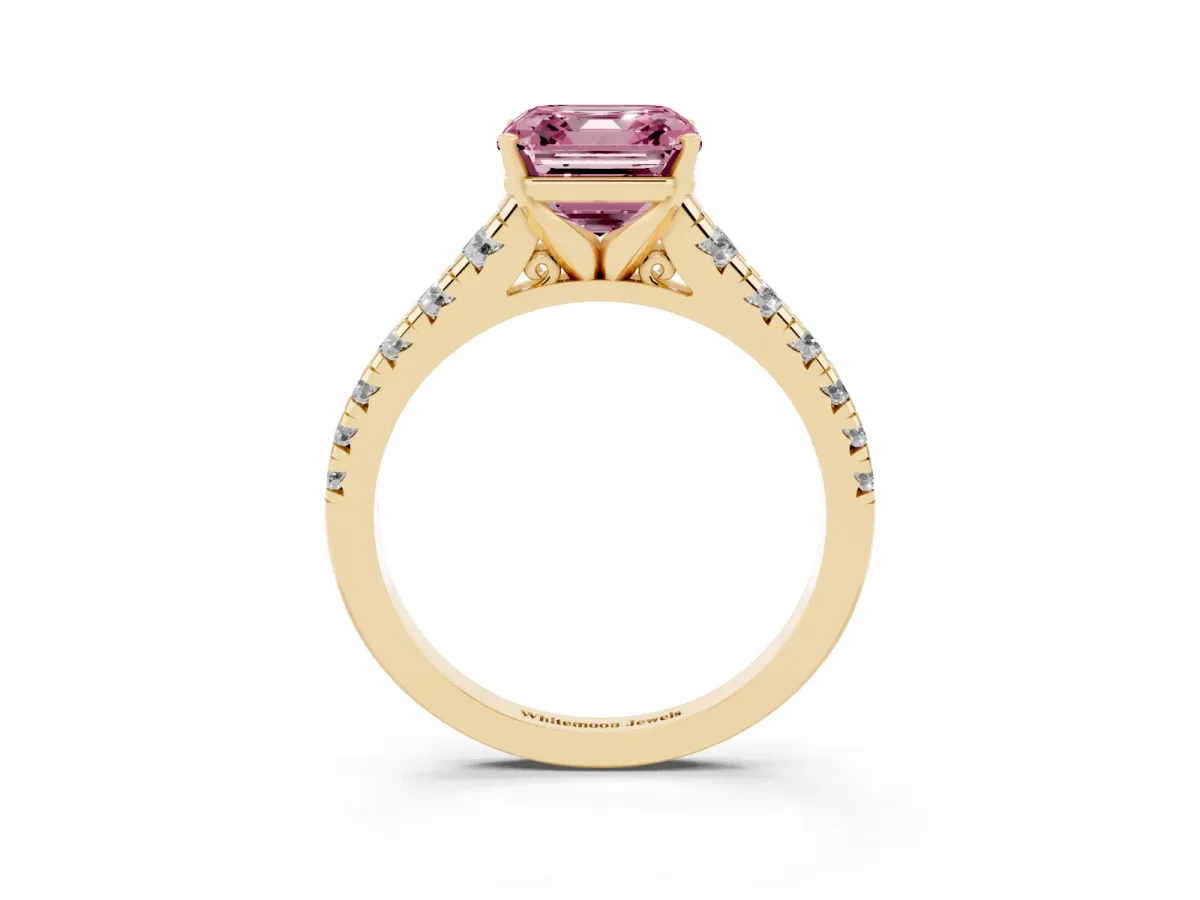 Fancy Pink Asscher Cut Diamond Cathedral Solitaire Ring with Round Pavé Band Yellow gold