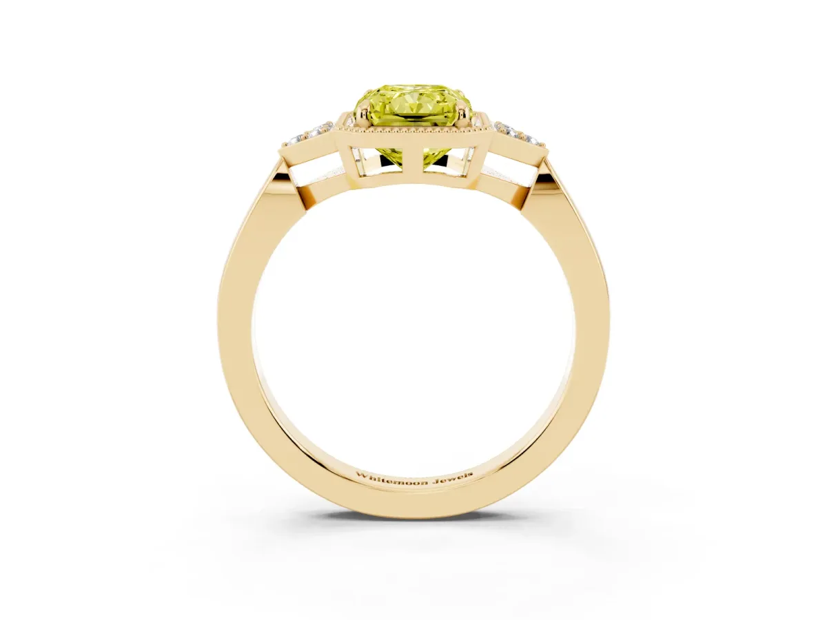Fancy Yellow Radiant Cut Diamond Halo Ring with Tapered Band and Four-Prong Setting Yellow gold