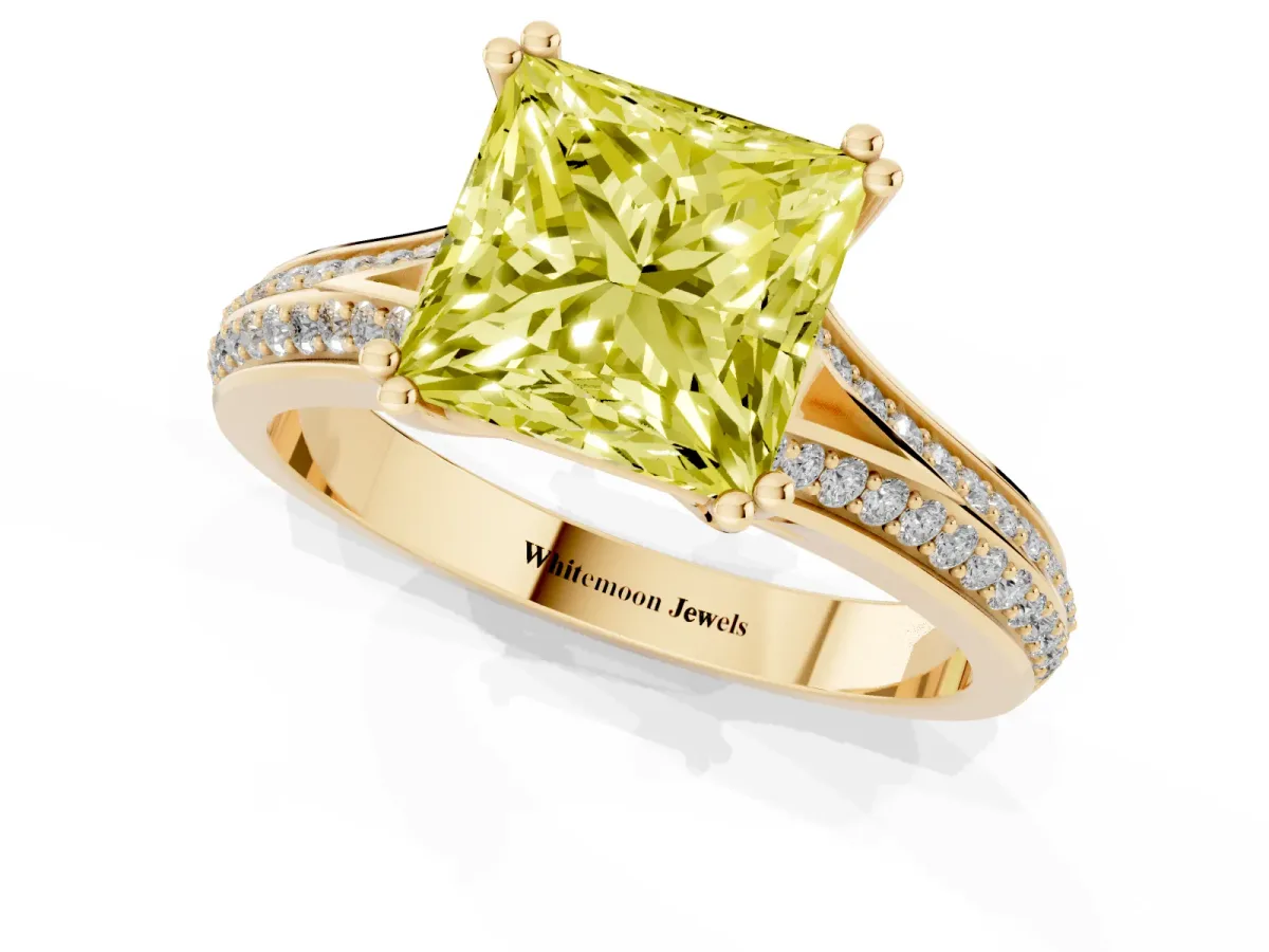 Fancy Yellow Princess Cut Diamond Split Shank Engagement Ring with Pavé Band Yellow gold