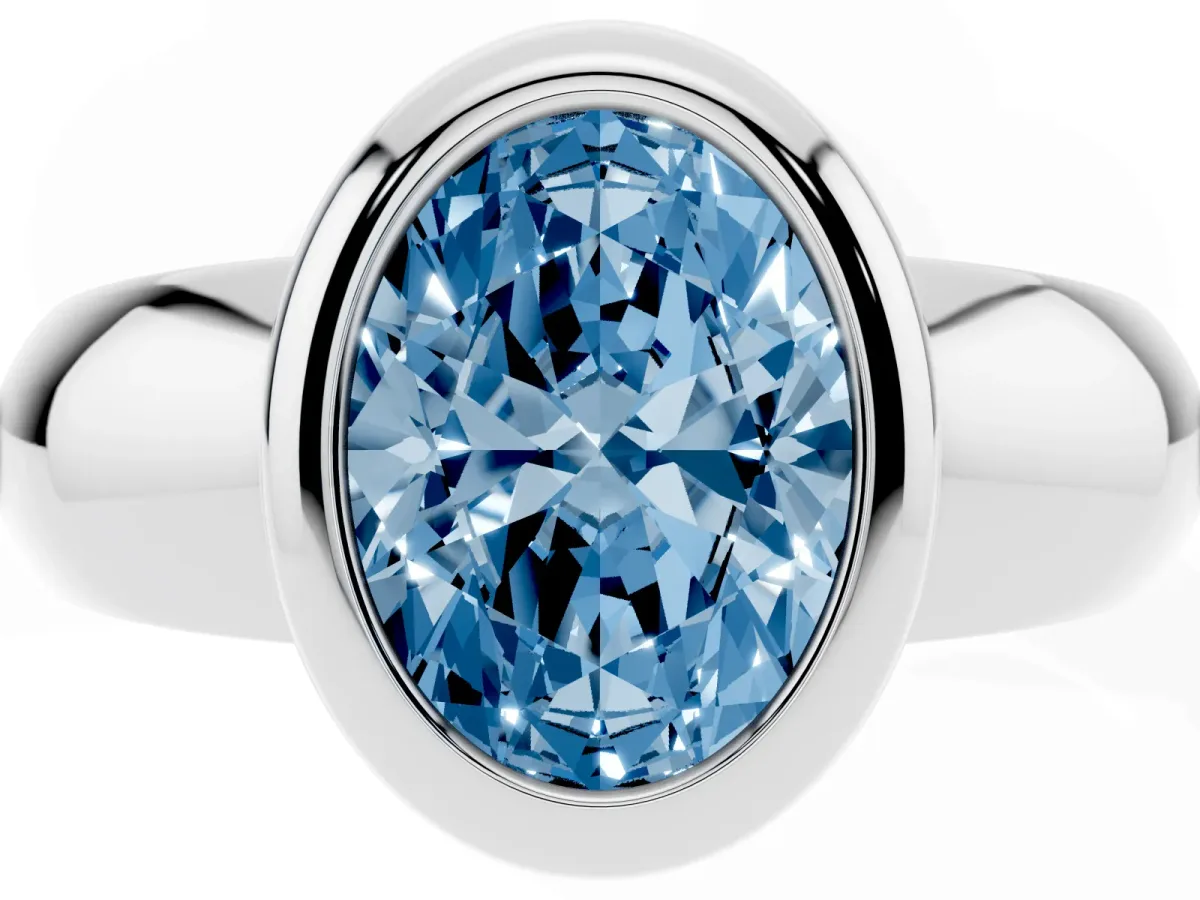 Fancy Blue Bezel Set Oval Cut Solitaire Ring with Wide Band Platinum