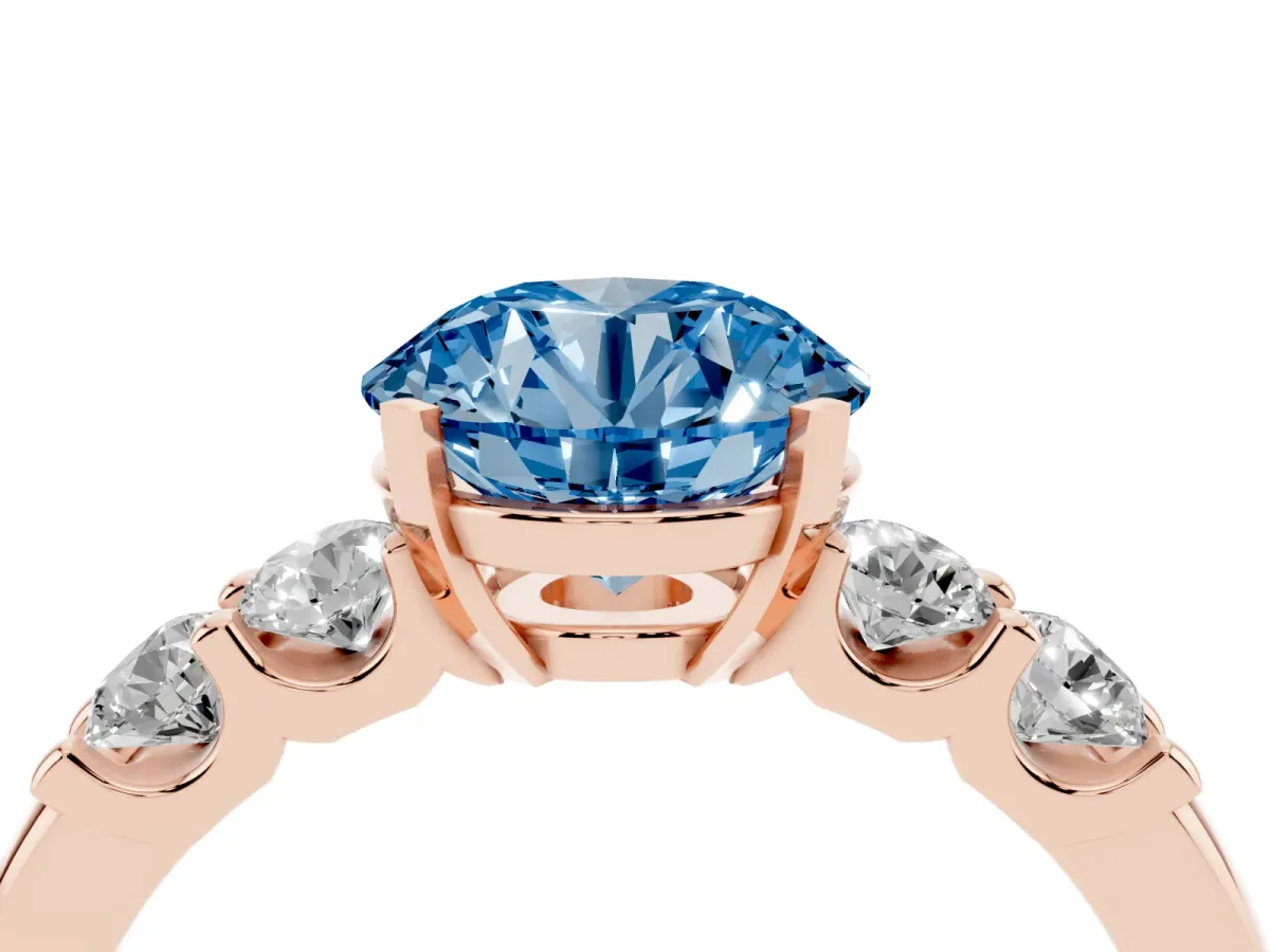Fancy Blue Round Cut Brilliant Cut Diamond Five-Stone Prong Set Engagement Ring with Channel Band Rose gold