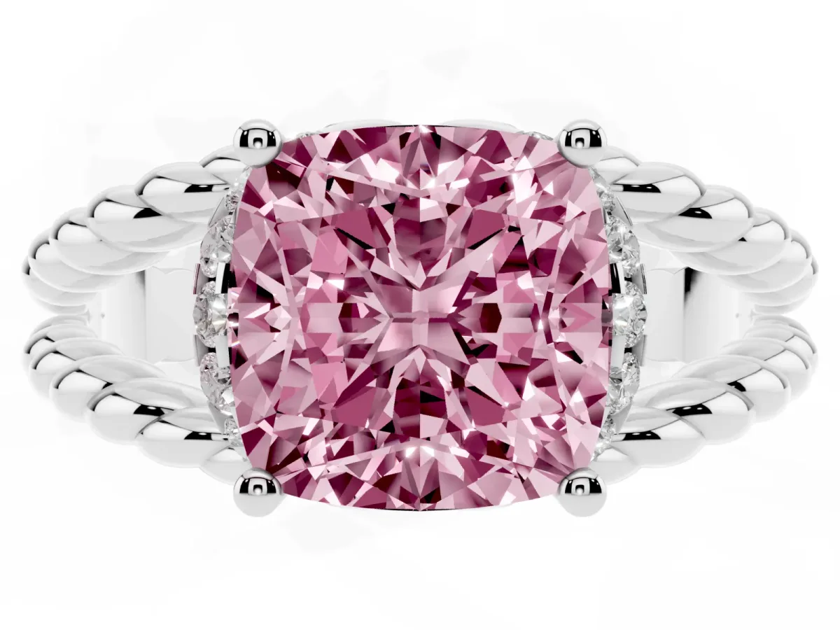 Fancy Pink Cushion Cut Halo Twisted Band Four-Prong Ring Silver