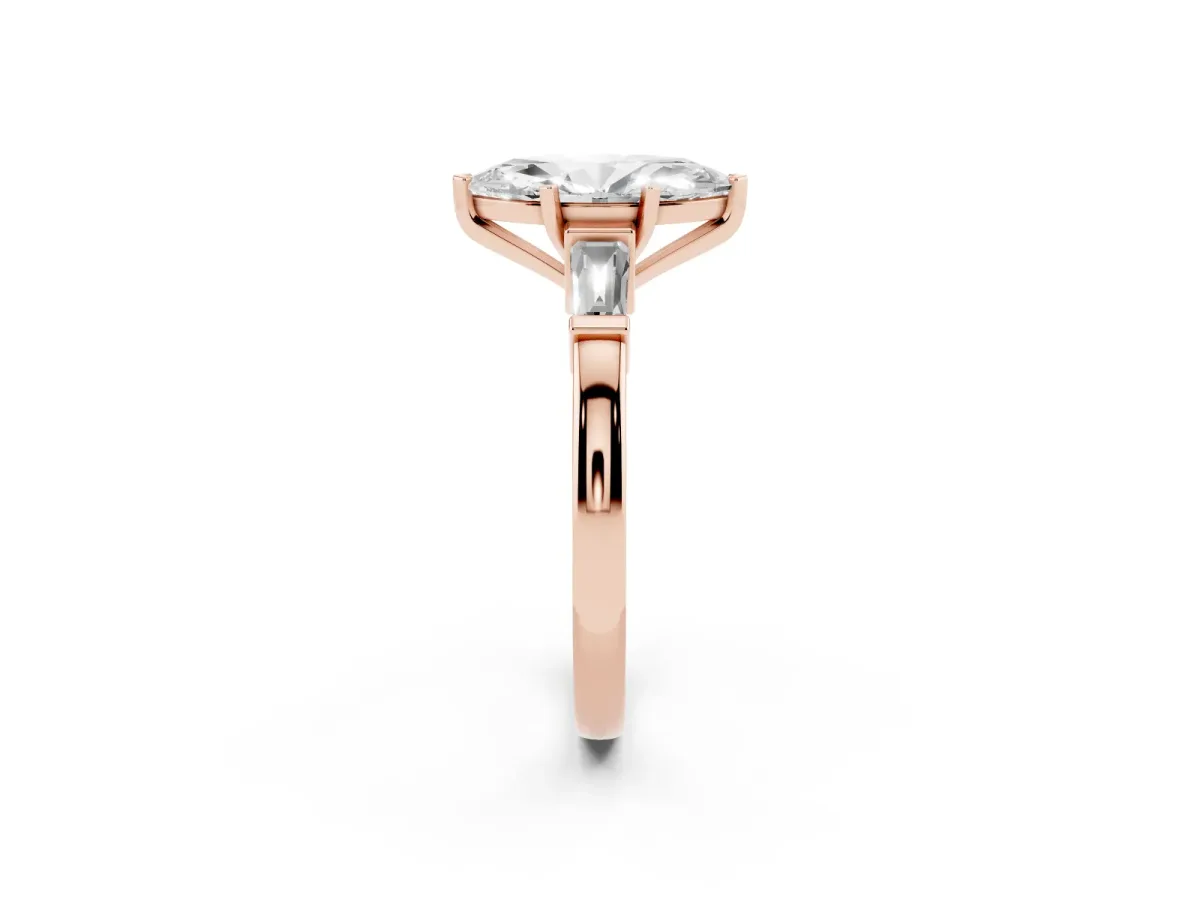 Marquise Cut Cut Diamond Solitaire Ring with Tapered Baguette Accents and Four-Prong Setting Rose gold