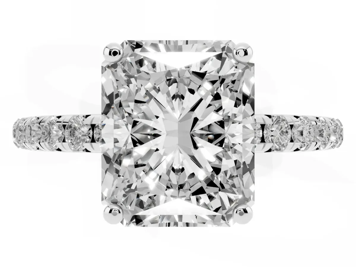 Radiant Cut Cut Diamond Solitaire Ring with Micro Pave Band and Four Prong Setting Silver