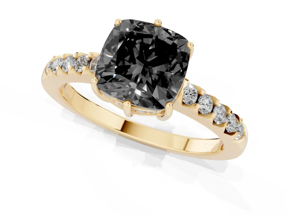 Fancy Black Cushion Cut Solitaire Diamond Engagement Ring with Pavé Band and Six-Prong Setting Yellow gold