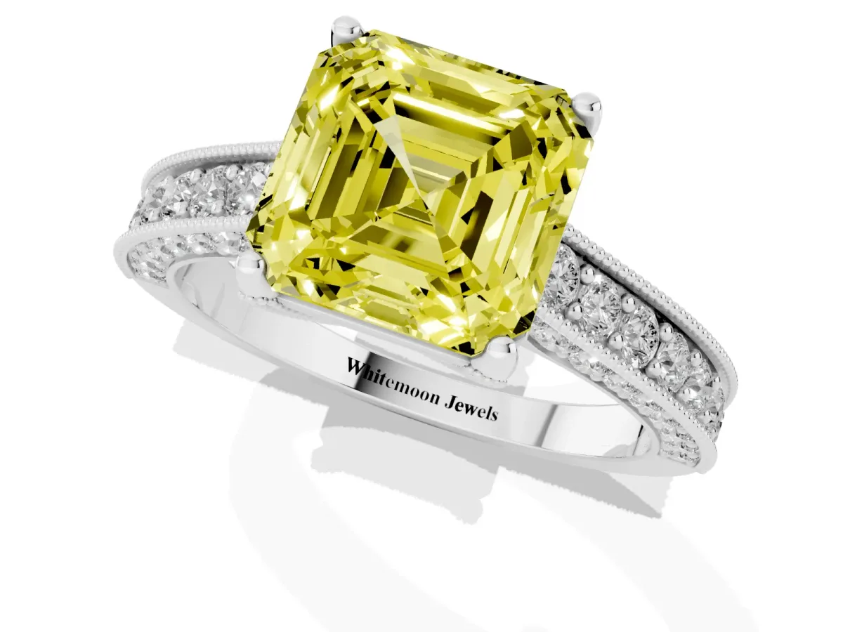 Fancy Yellow Asscher Cut Cut Diamond Solitaire Ring with Milgrain Pave Band and Four Prong Setting Silver