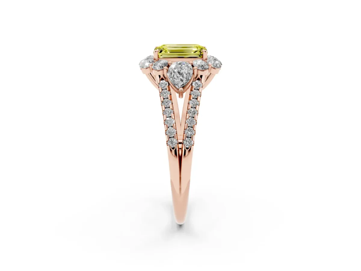 Fancy Yellow Emerald Cut Halo Split Shank Diamond Engagement Ring with Prong Setting Rose gold