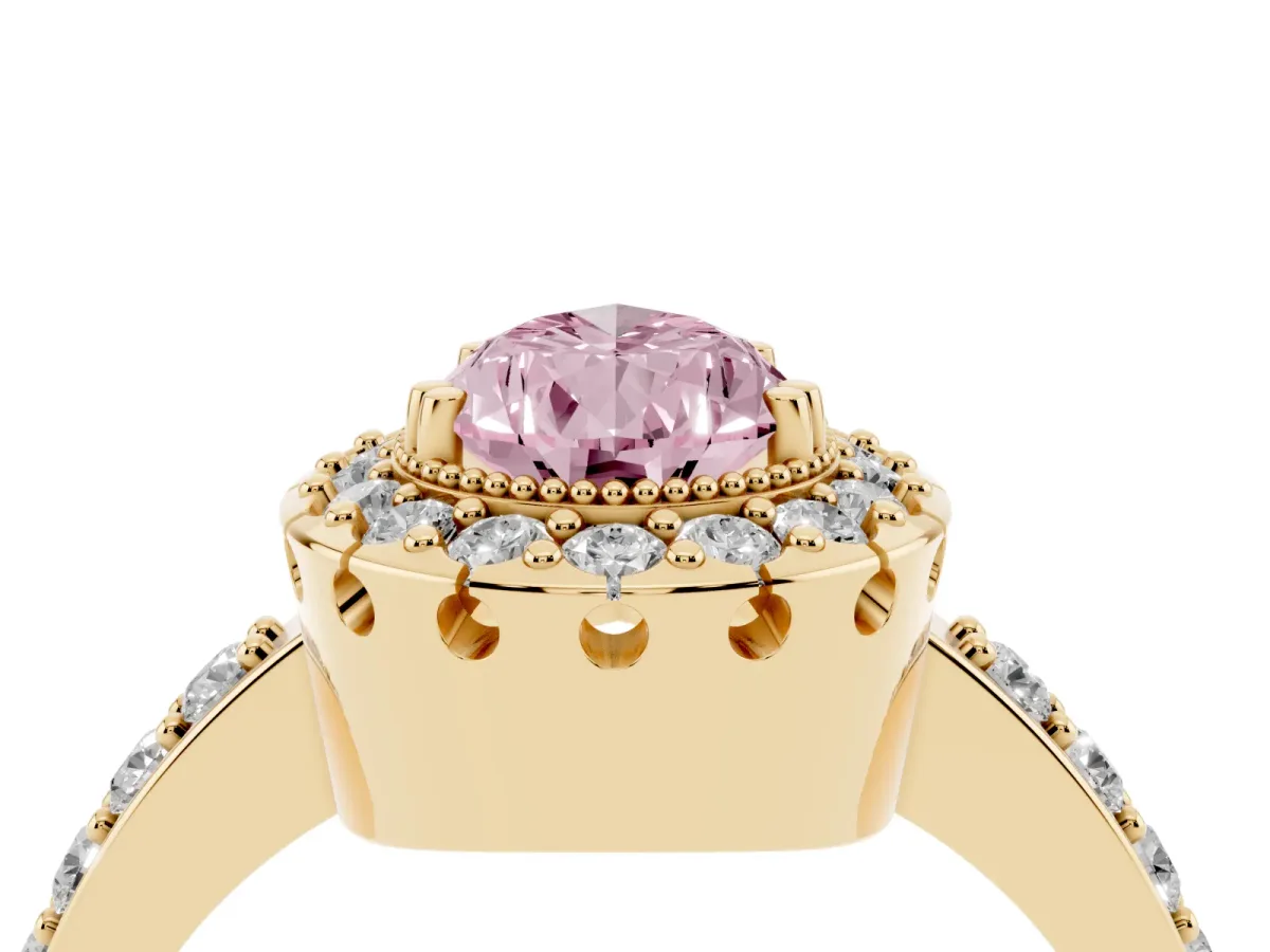 Fancy Pink Pear Cut Diamond Halo Ring with Pavé Band and Prong Setting Yellow gold
